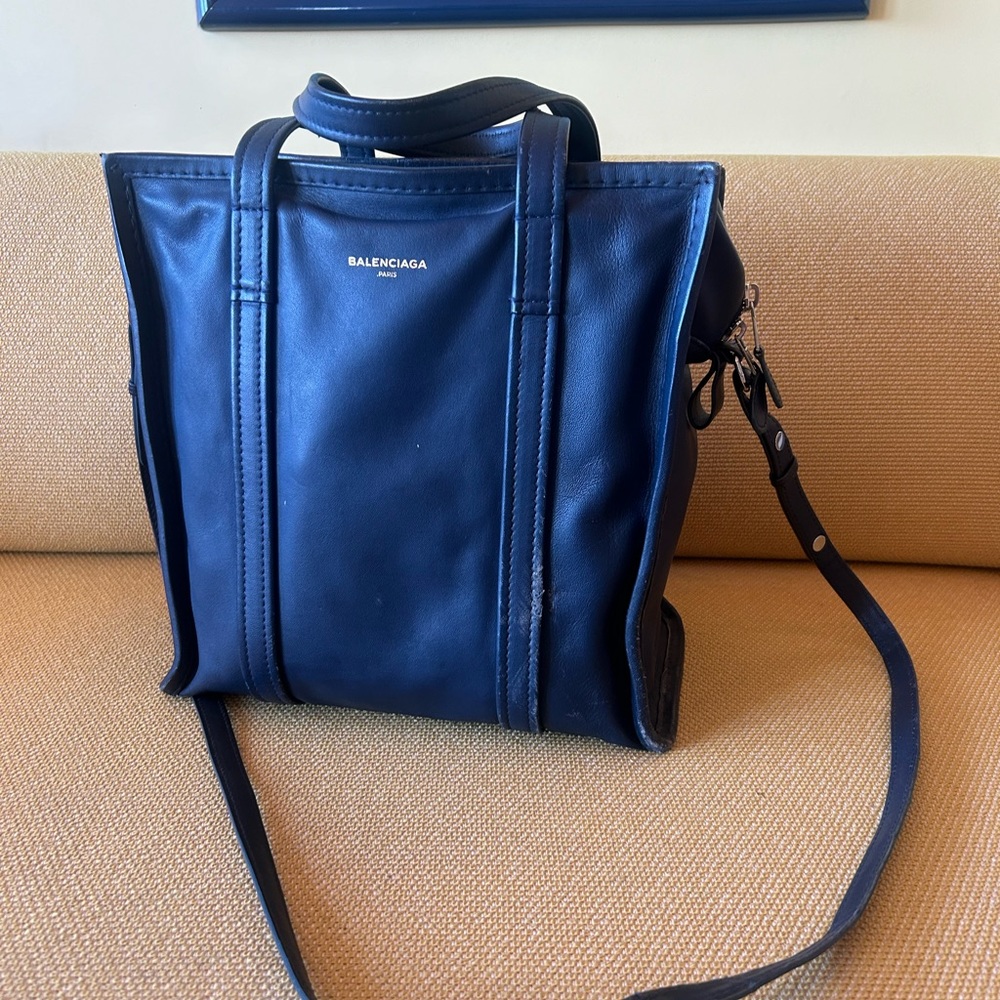 BALENCIAGA Bazaar Shopper S 2Way Tote Bag Leather Navy EXC